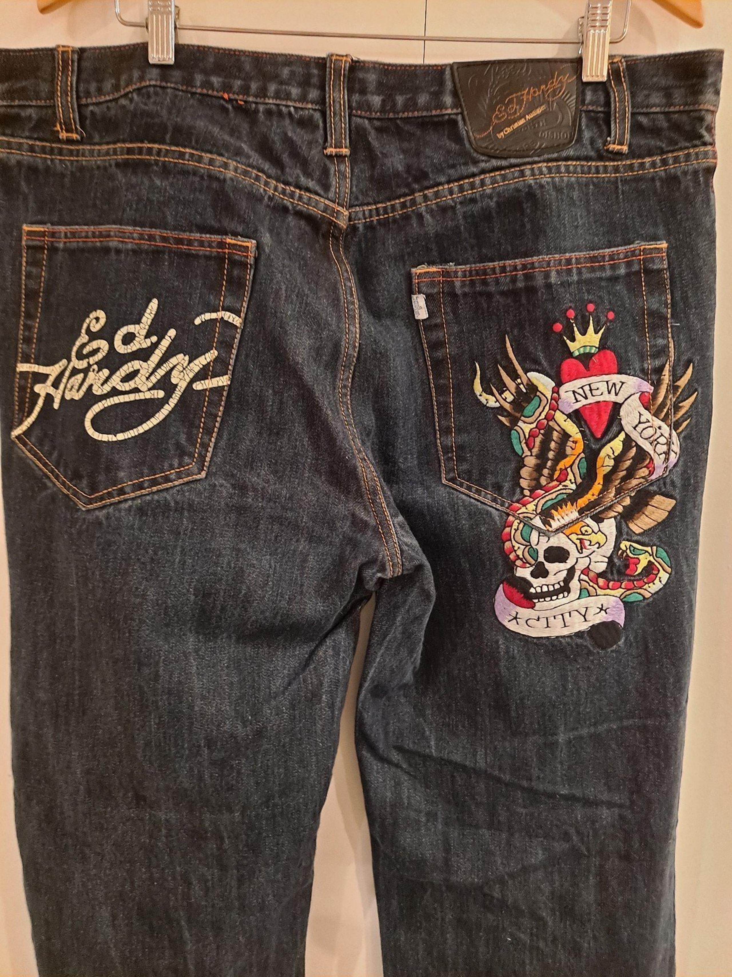 Ed Hardy Mens VTG Y2K Baggy Embroidered Skull New York Wide Leg 38/32  Jeans