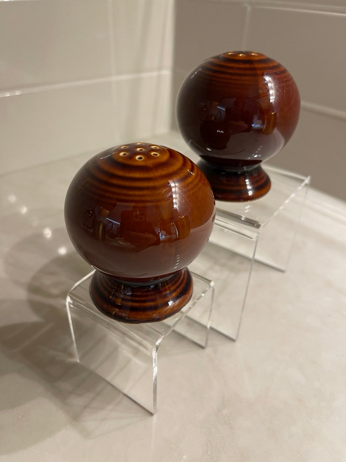 Vintage Fiesta Salt & Pepper Shakers In Original Sheffield Amberstone Glaze