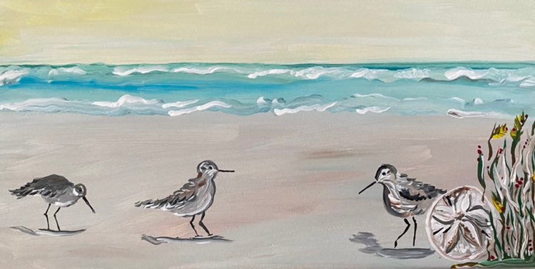 Acrylic Painting on Canvas Sandpipers and Sand Dollar 8 x16