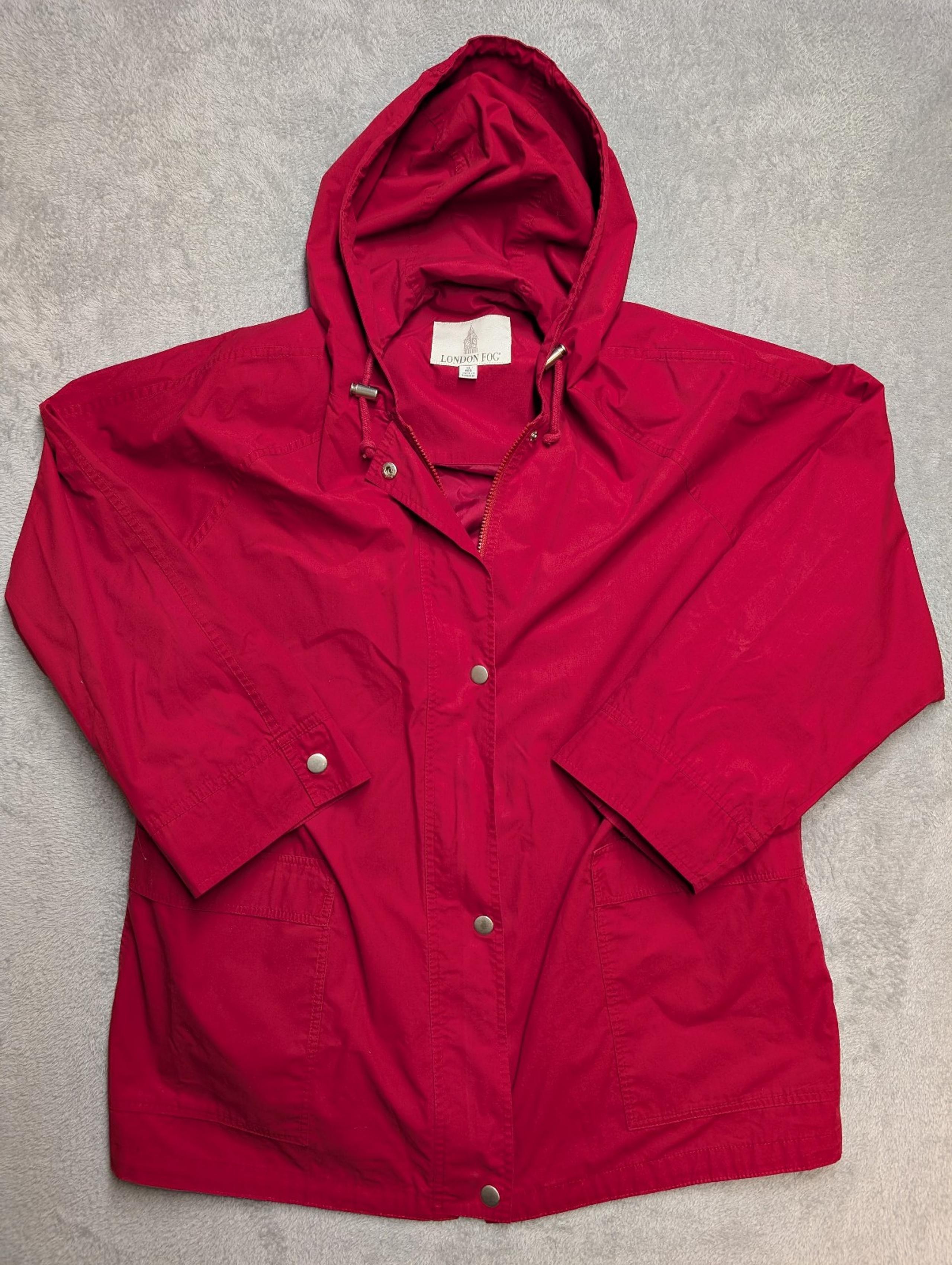 London Fog Red Mid-Length Trench Coat Jacket Full Zip Button Hood Womens XL