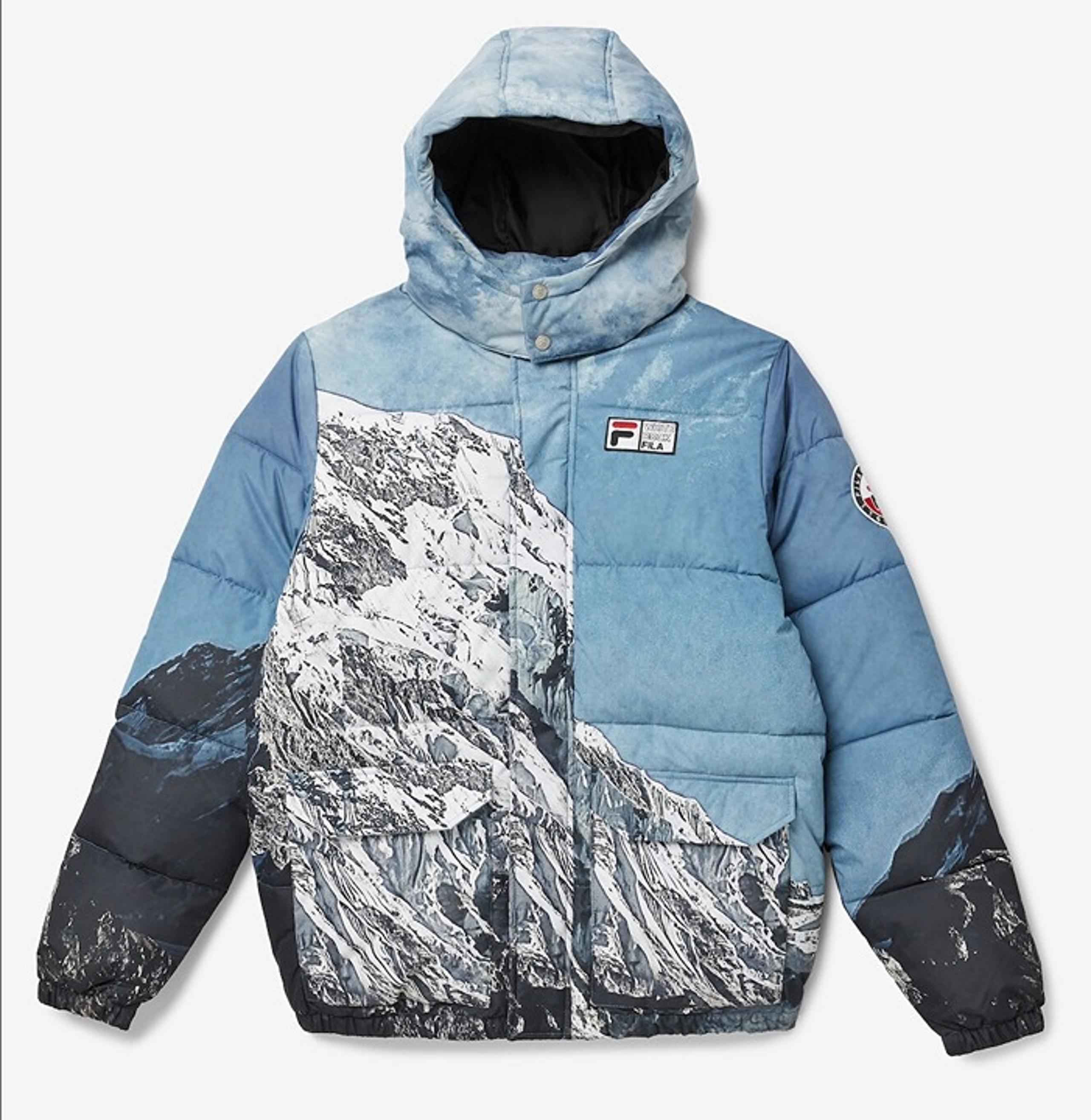 Fila White Rock Snowy Mountain Print Blanc Puffer Hooded Jacket