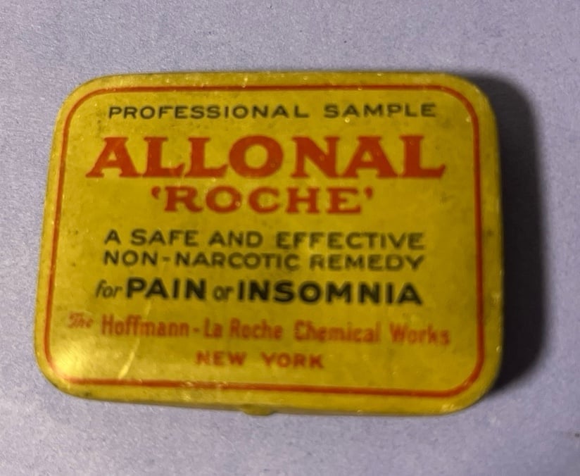 Vintage Advertising Allonal Roche Pill Tin Box a non-narcotic pain & insomnia