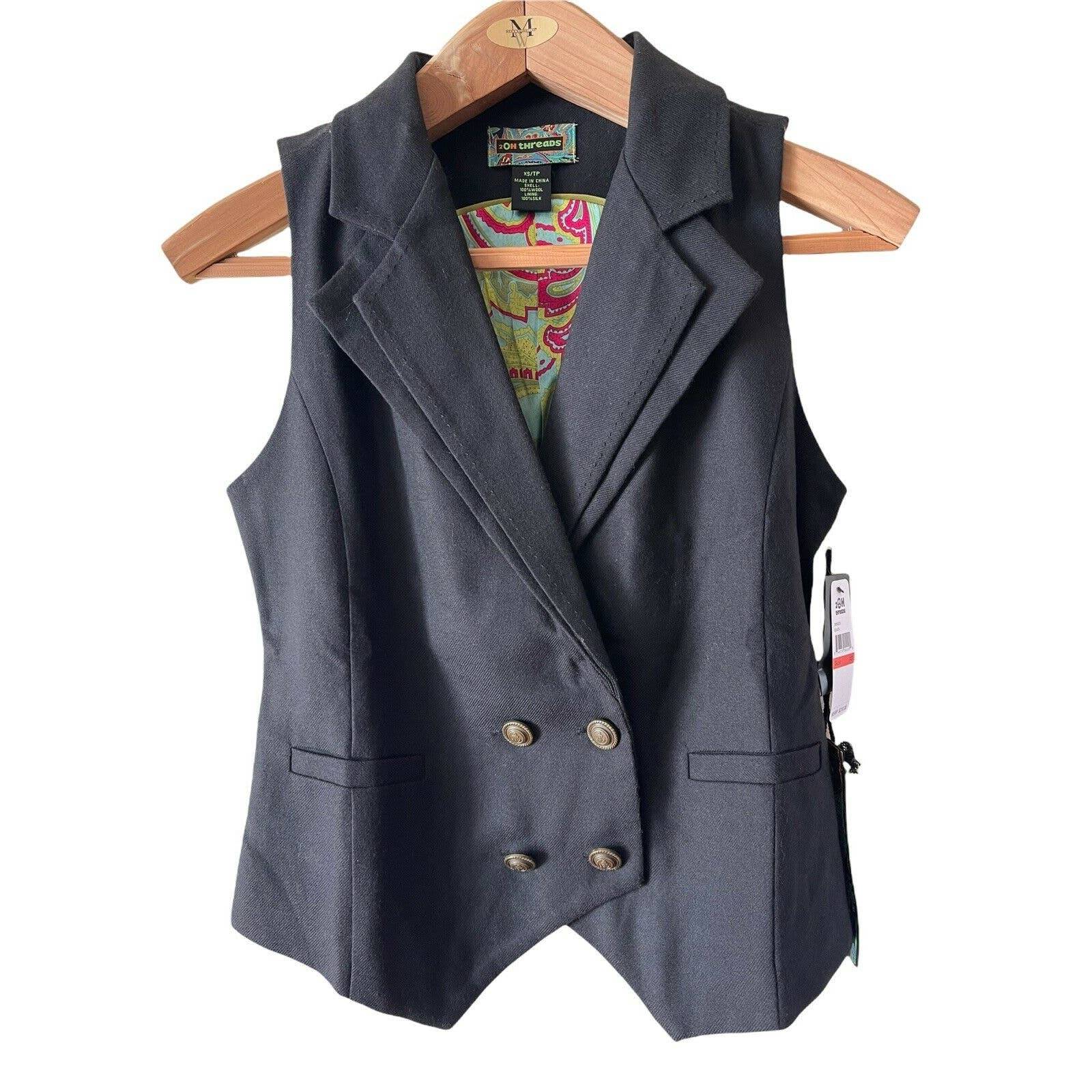 2OH Threads~Two Old Hippies Women's Black Wool/Silk Vest~Paisley~Size XS~NWT210