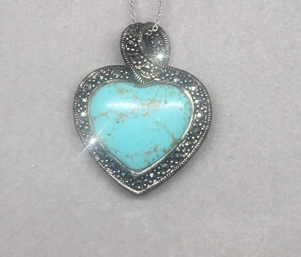 Blue turquoise heart .935 sterling silver necklace w/chain