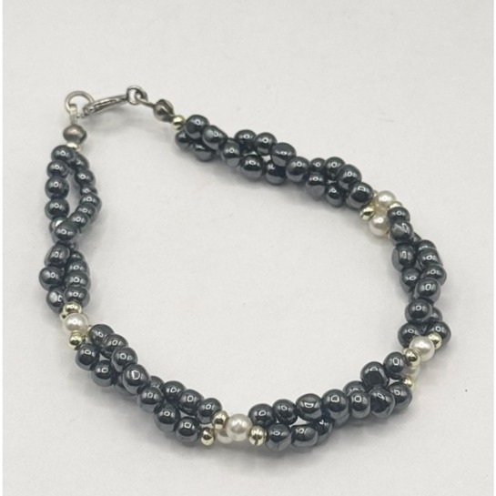 Vintage Hematite & Pearl Triple Strand Beaded Braided Bracelet