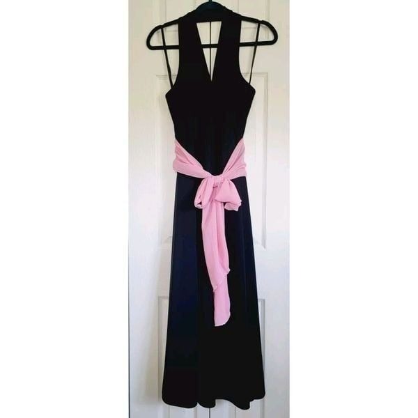 Torrid Dress 16 Black Maxi Pink Sash Tie Formal Gown Stretch Made In USA
