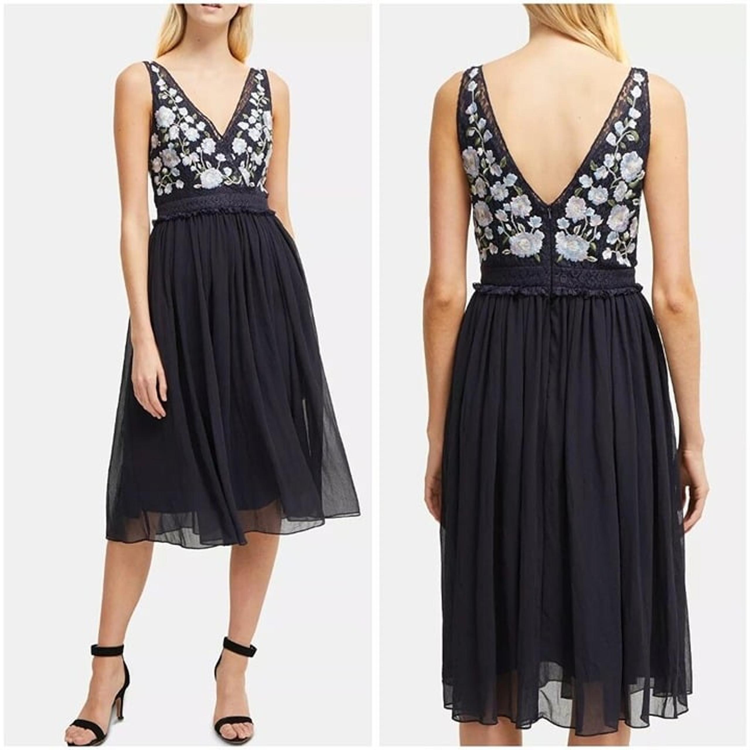 French Connection Abriana Embroidered Navy Lace Midi Dress $125