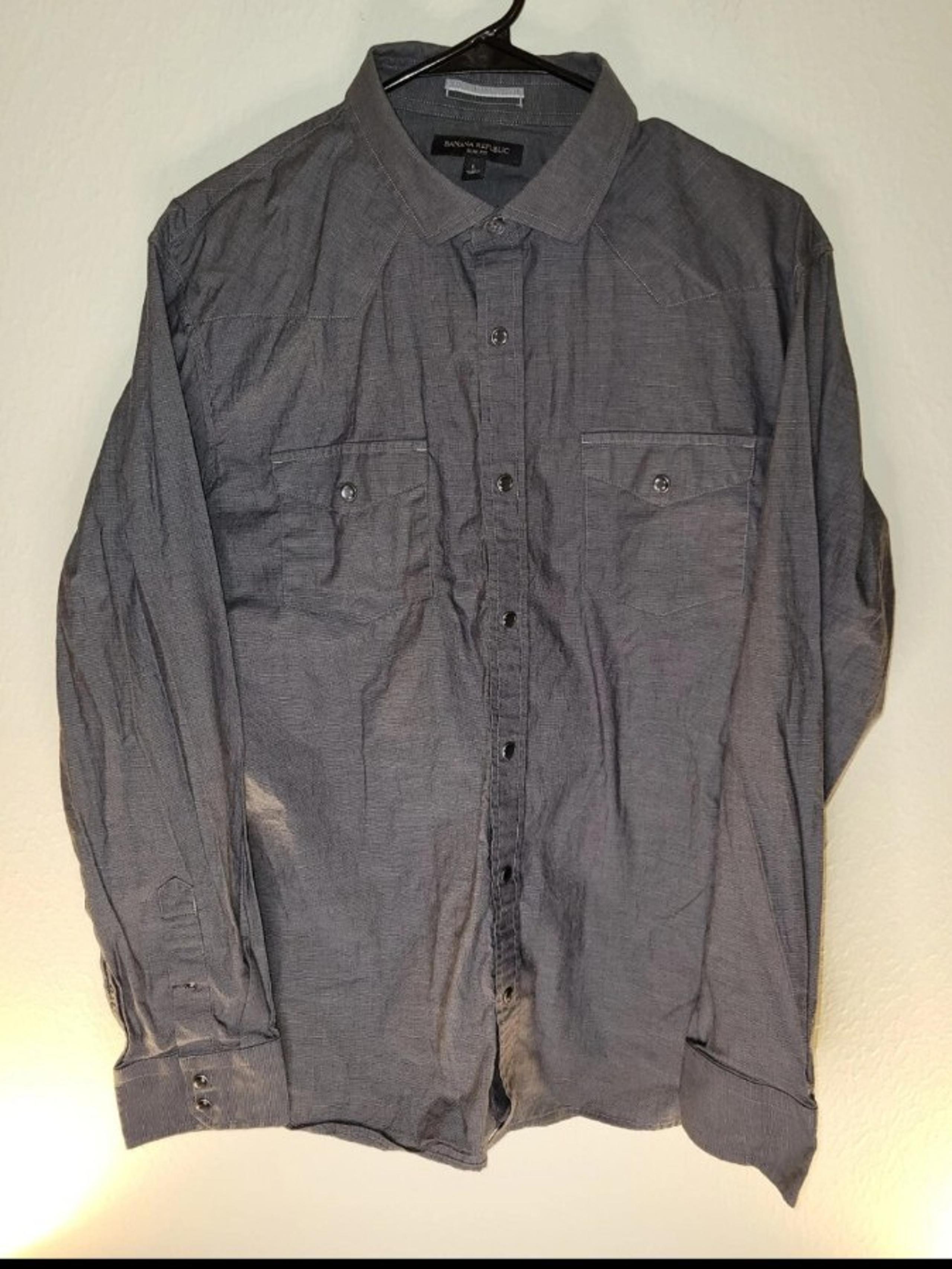 Banana Republic Men's Slim Fit Dress Shirt Size Large L Gray Pearl Snap Buttons
