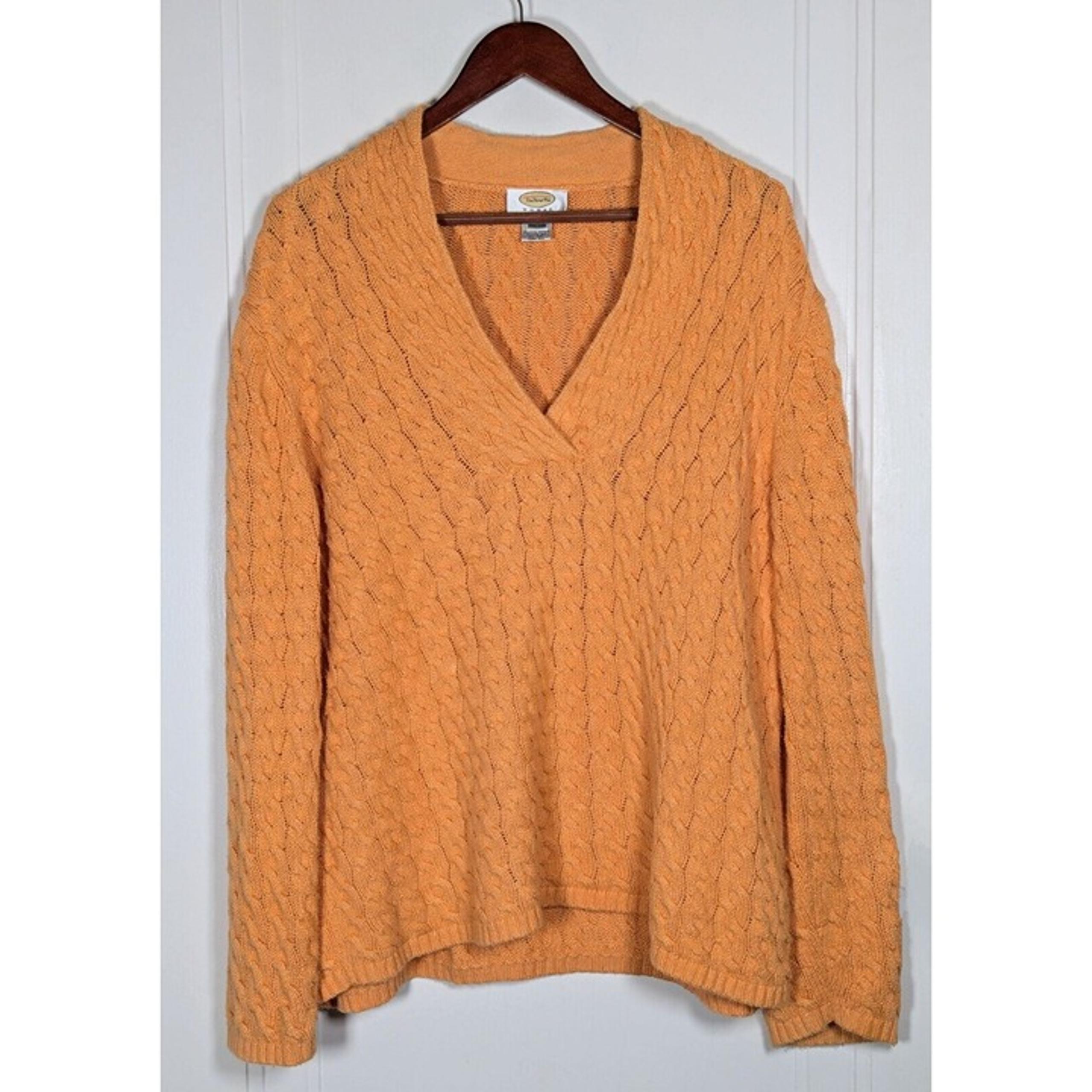 VTG Talbots Womens 1X Plus Sweater Orange Cable Knit Cotton Long Sleeve V-Neck