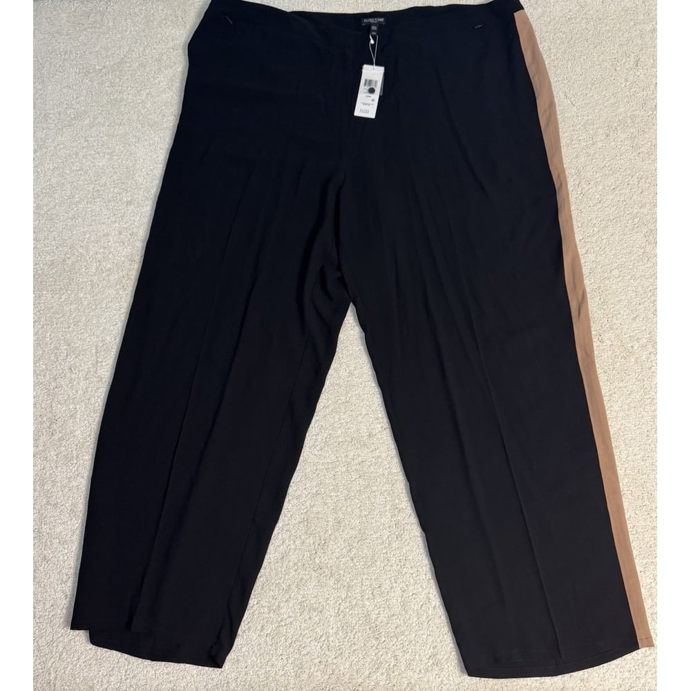 Eileen Fisher, Black Silk Georgette Crepe Straight Racing Stripe Pants 22W NWT