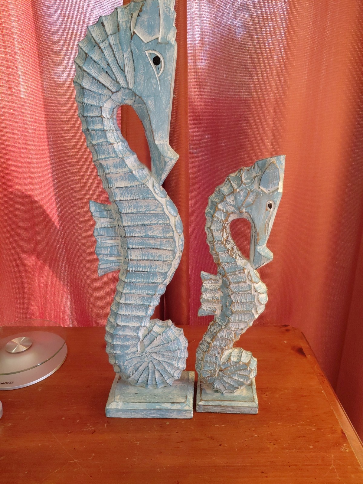 2 Hand Carved Wooden Seahorses Animal Sculpture Ornament Statue 24" & 17"