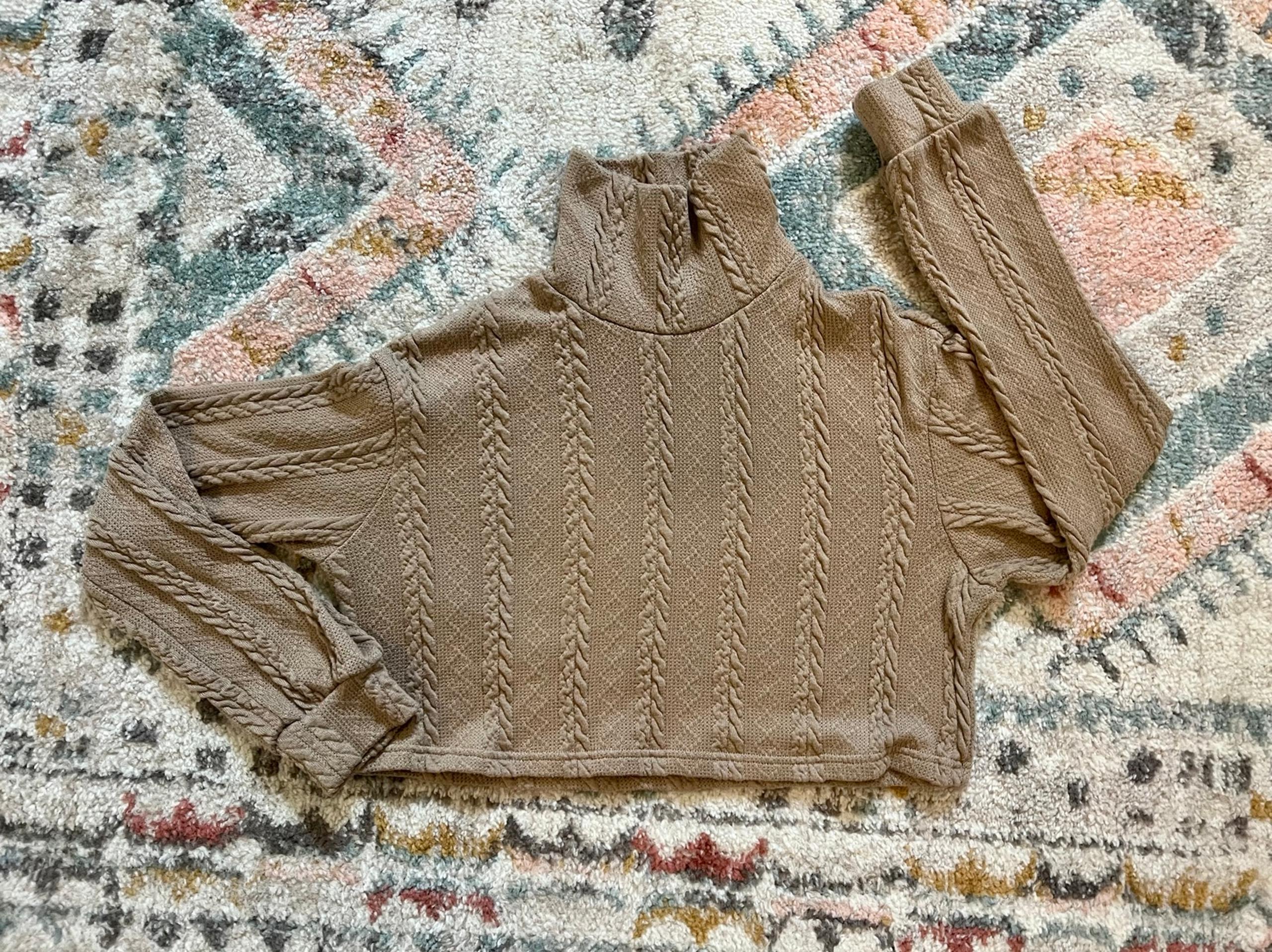 Cropped Lightweight Turtleneck Ribbed Brown/Tan Sweater, Cardigan, Shirt