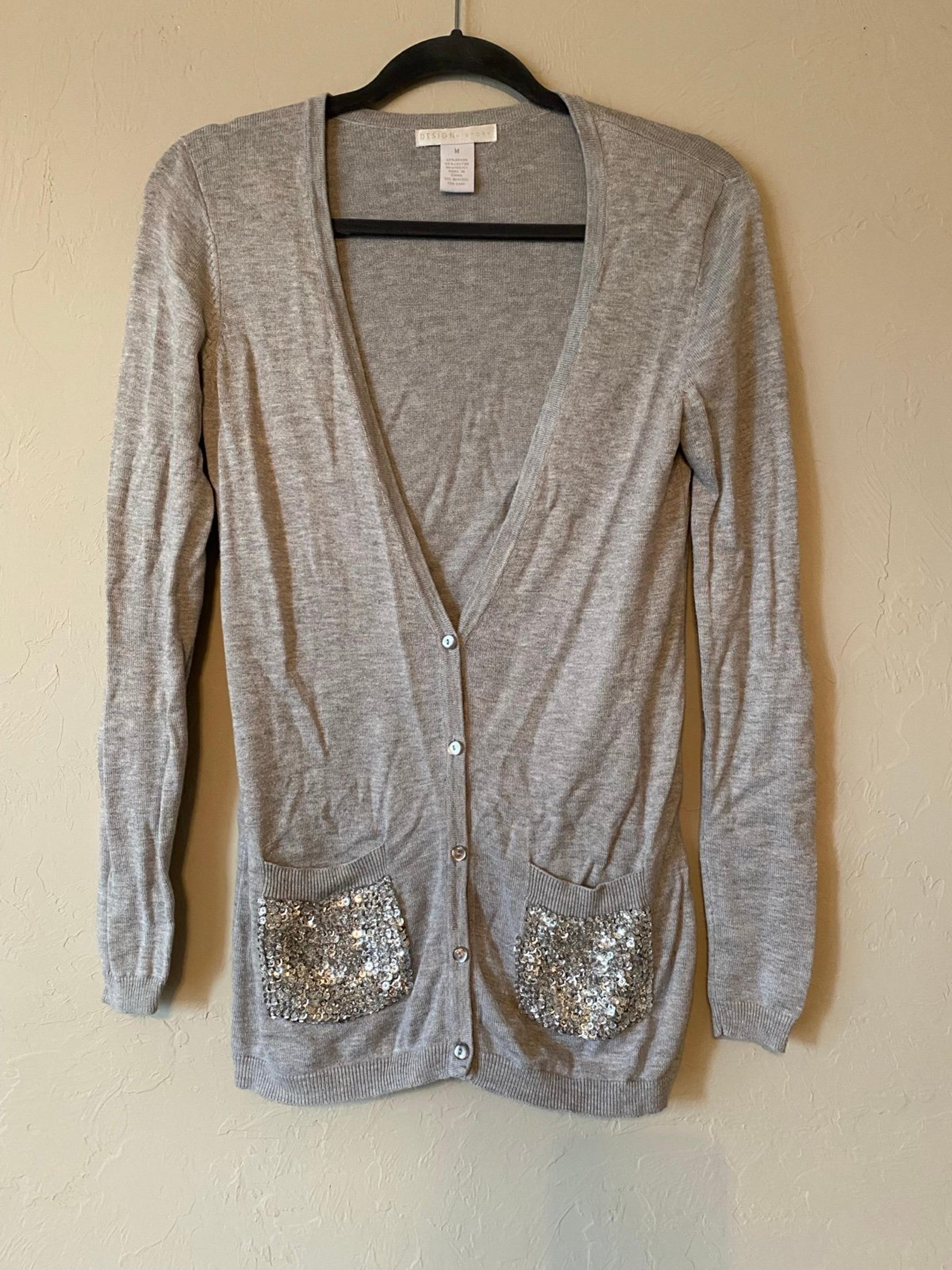 Design History Gray Sequin Pockets Cardigan Sweater M