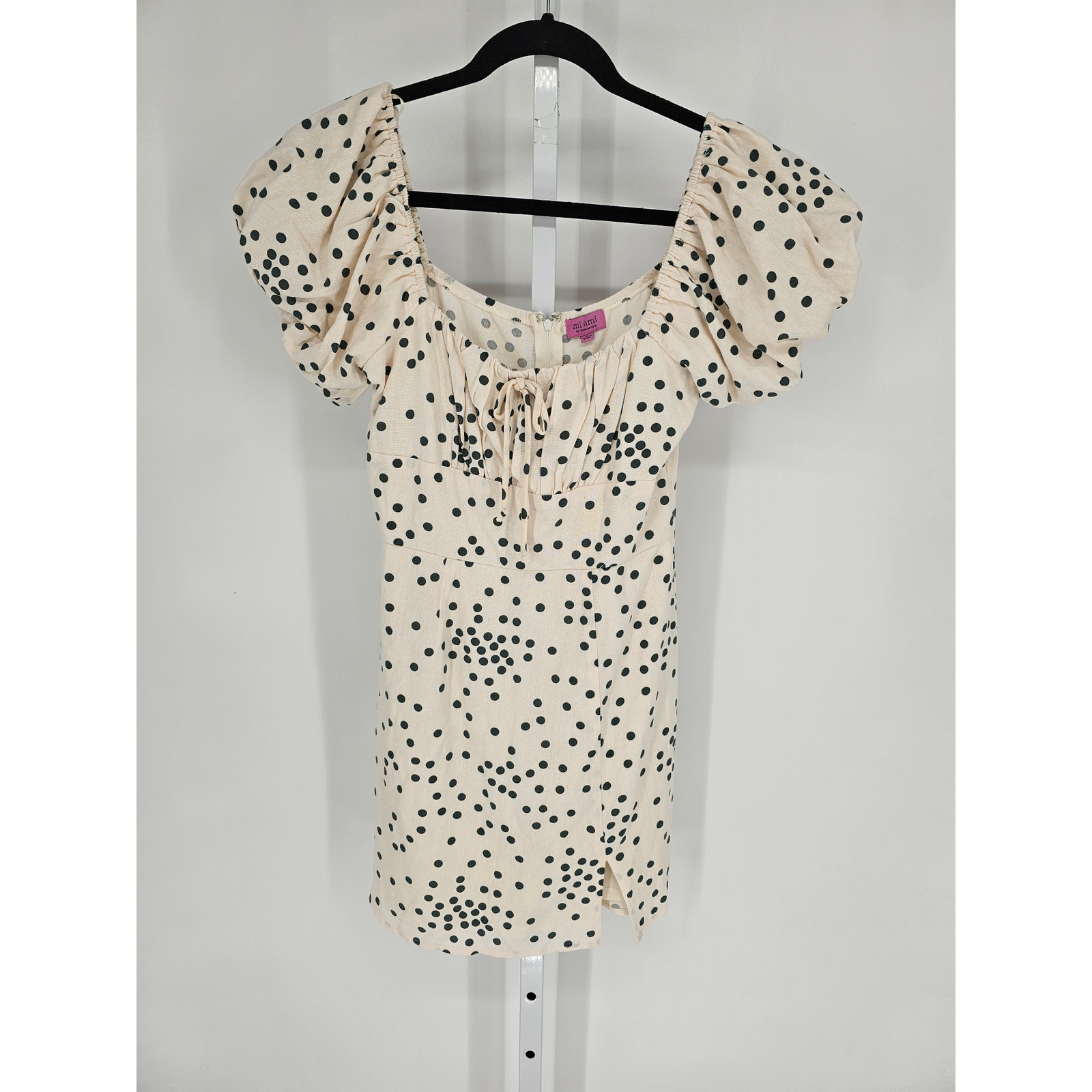 Mi Ami for Francescas Sz S Off Shoulder Mini Dress Cream Black Polka Dot Linen