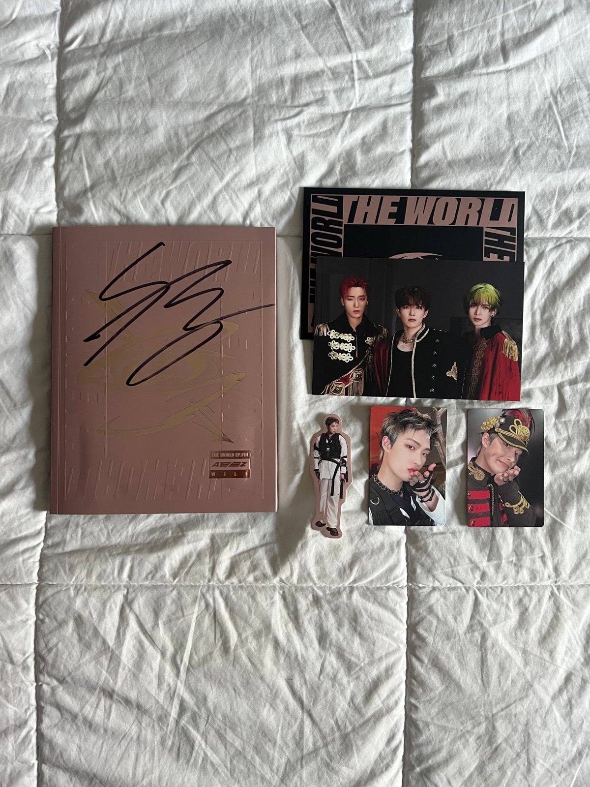 Ateez Mingi Signed Album The World Ep Fin Will w/ Photocards, Sticker & Postcard