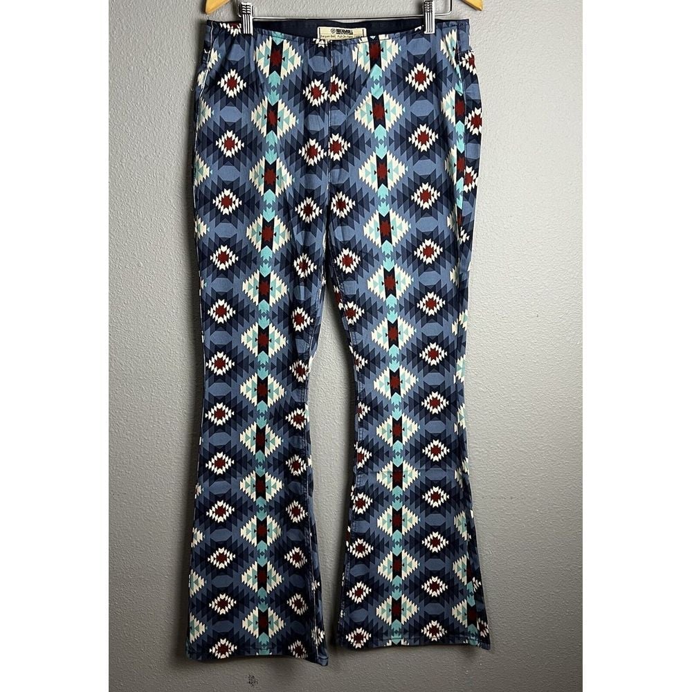 Rock & Roll Denim Bargain Bell Bottom Pull On 33x34 Flare Aztec Turquoise Jeans