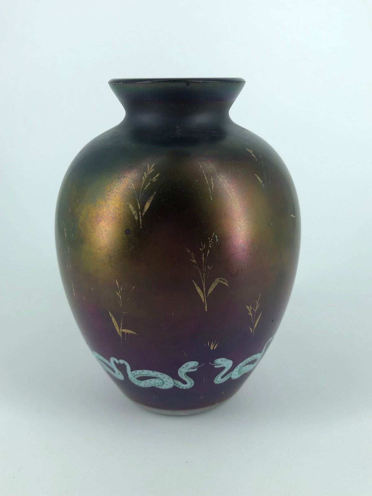 Vintage Unique Snake Iridescent Amethyst Glass Vase