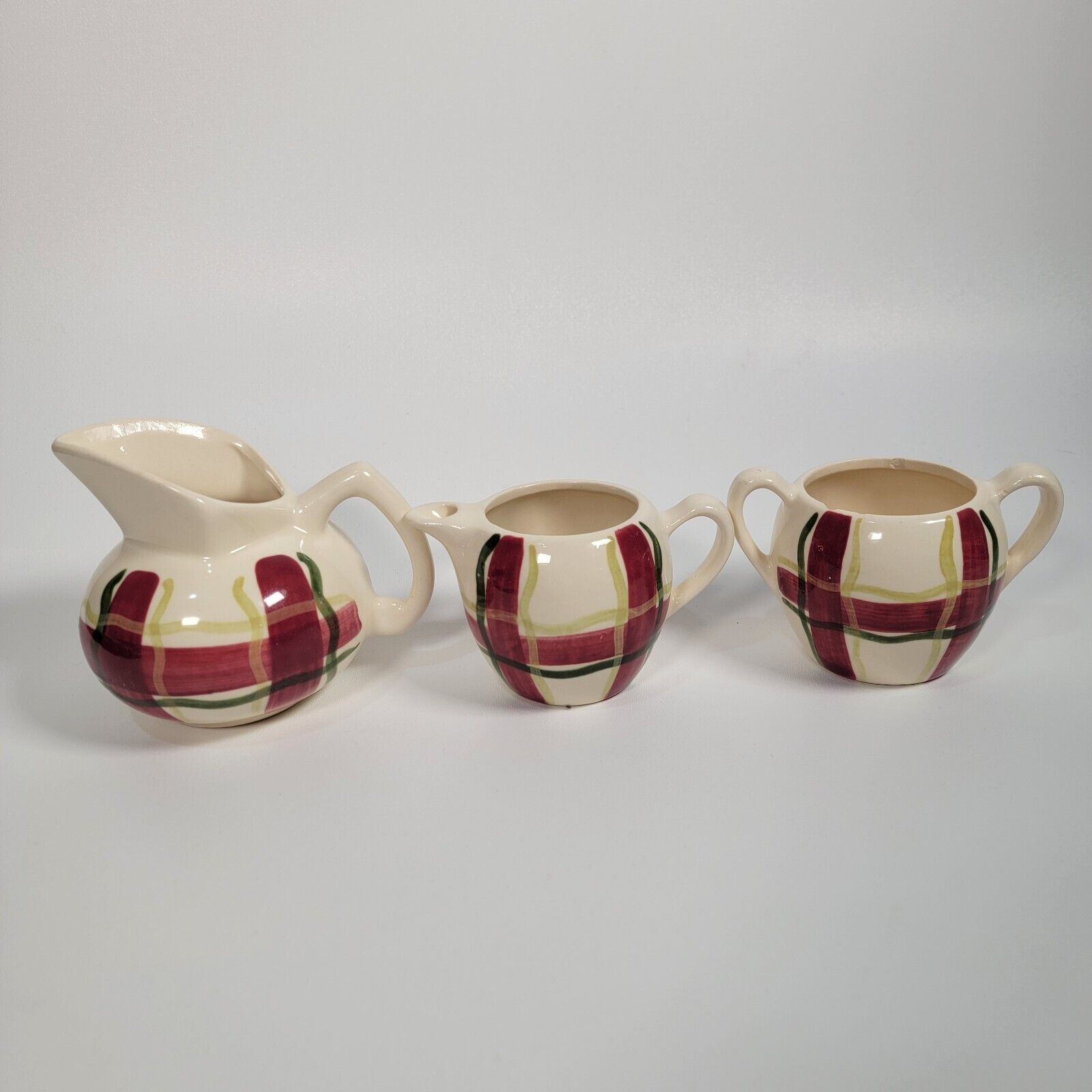 Purinton Red Normandy Plaid Set of 3: Pitcher, Cream Pitcher, and Sugar Bowl
