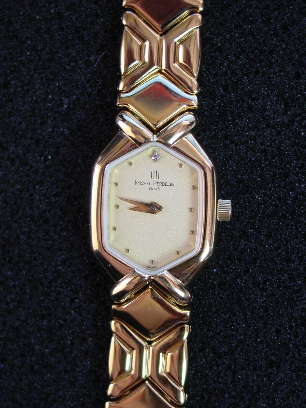 Wristwatch, Lady's, Michel Herbelin Gold Faux Diamond Chain 3 Jewel French