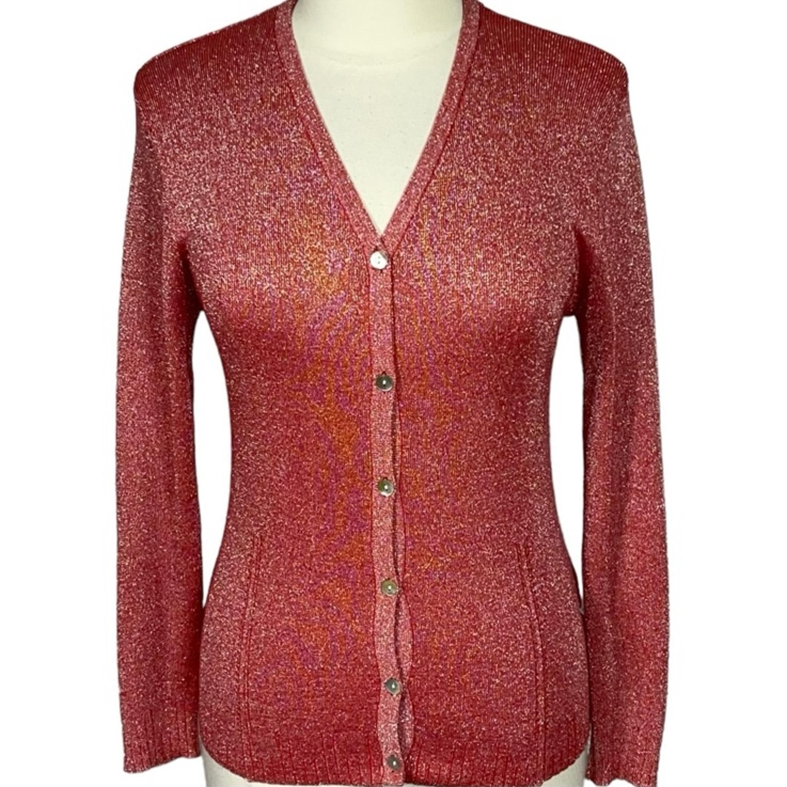 The Limited Red Metallic Silver Shimmer V Neck Cardigan Sweater