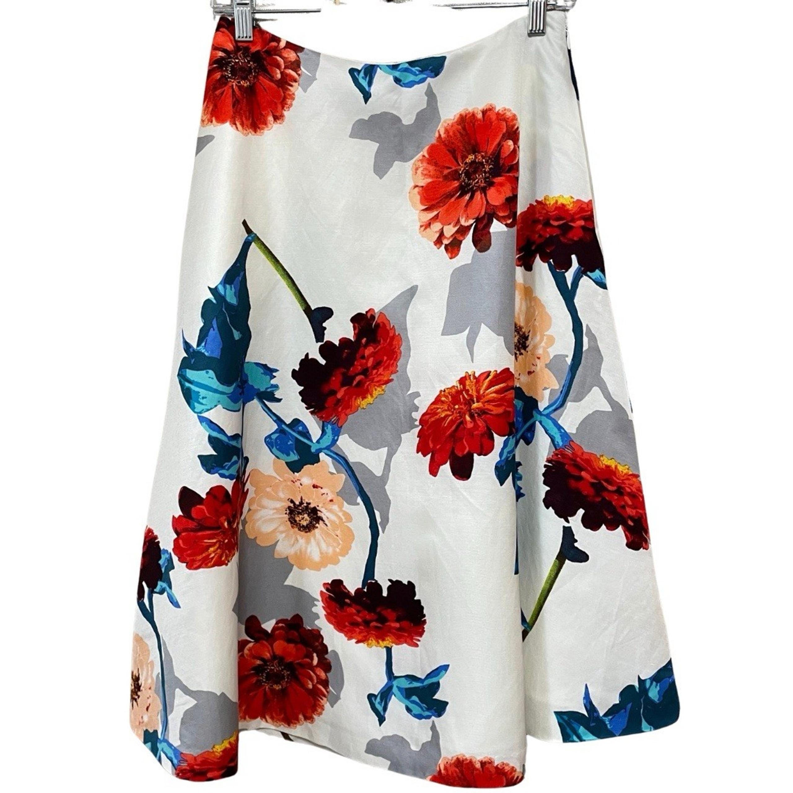Banana Republic Linen Blend Midi Skirt Size 4 White Gerber Daisy Print Lined NEW