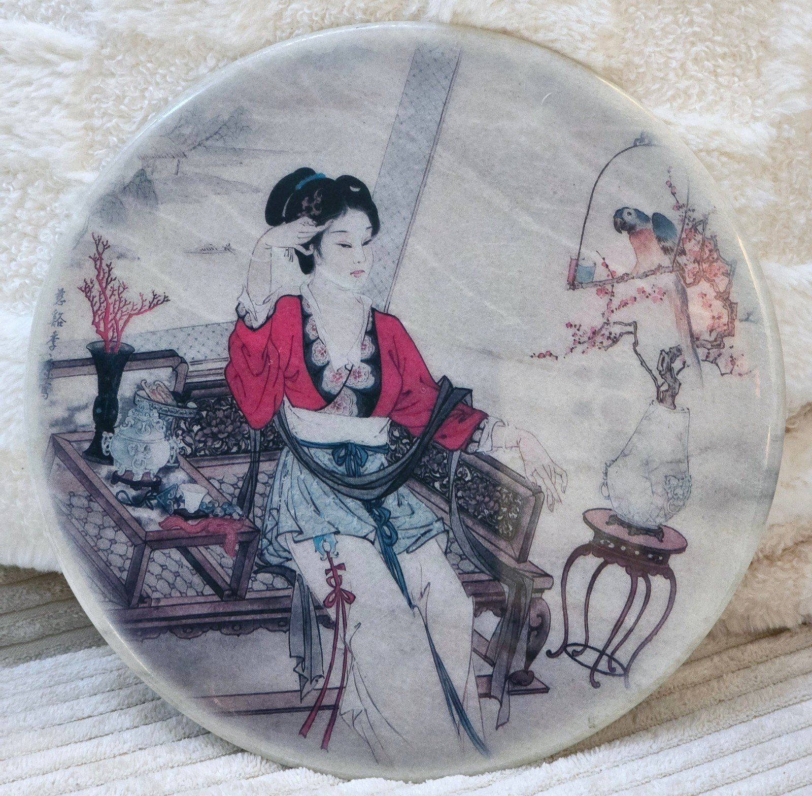 Rare Vintage Onyx Stone Decorative GEISHA PLATE with Bird 8