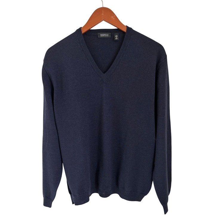 BARNEYS 100% Merino Wool Sweater V-Neck Pullover Made in Italy Blue