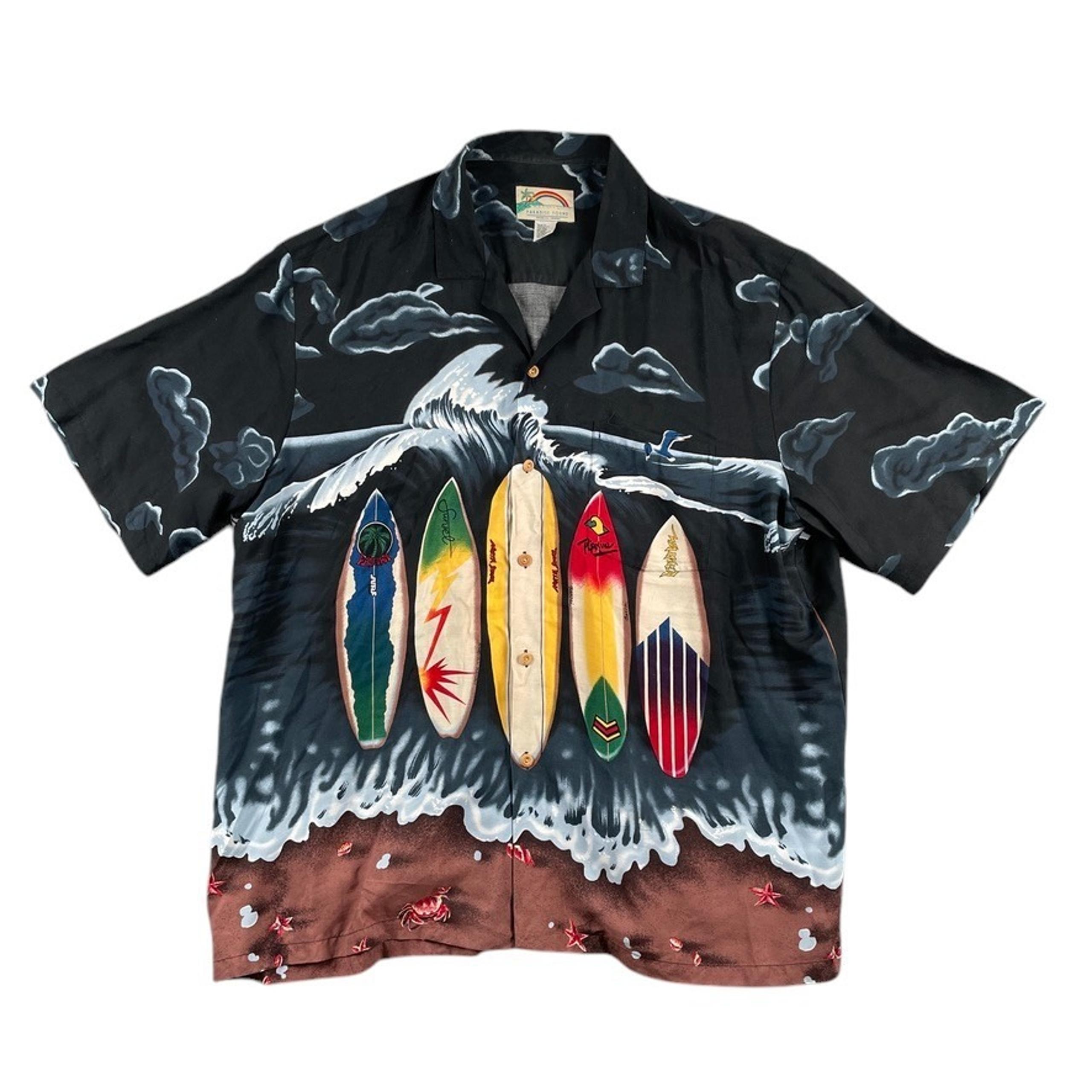 VTG Paradise Found Hawaiian Shirt Mens 2XL Black Surfboards Rayon Aloha Beach