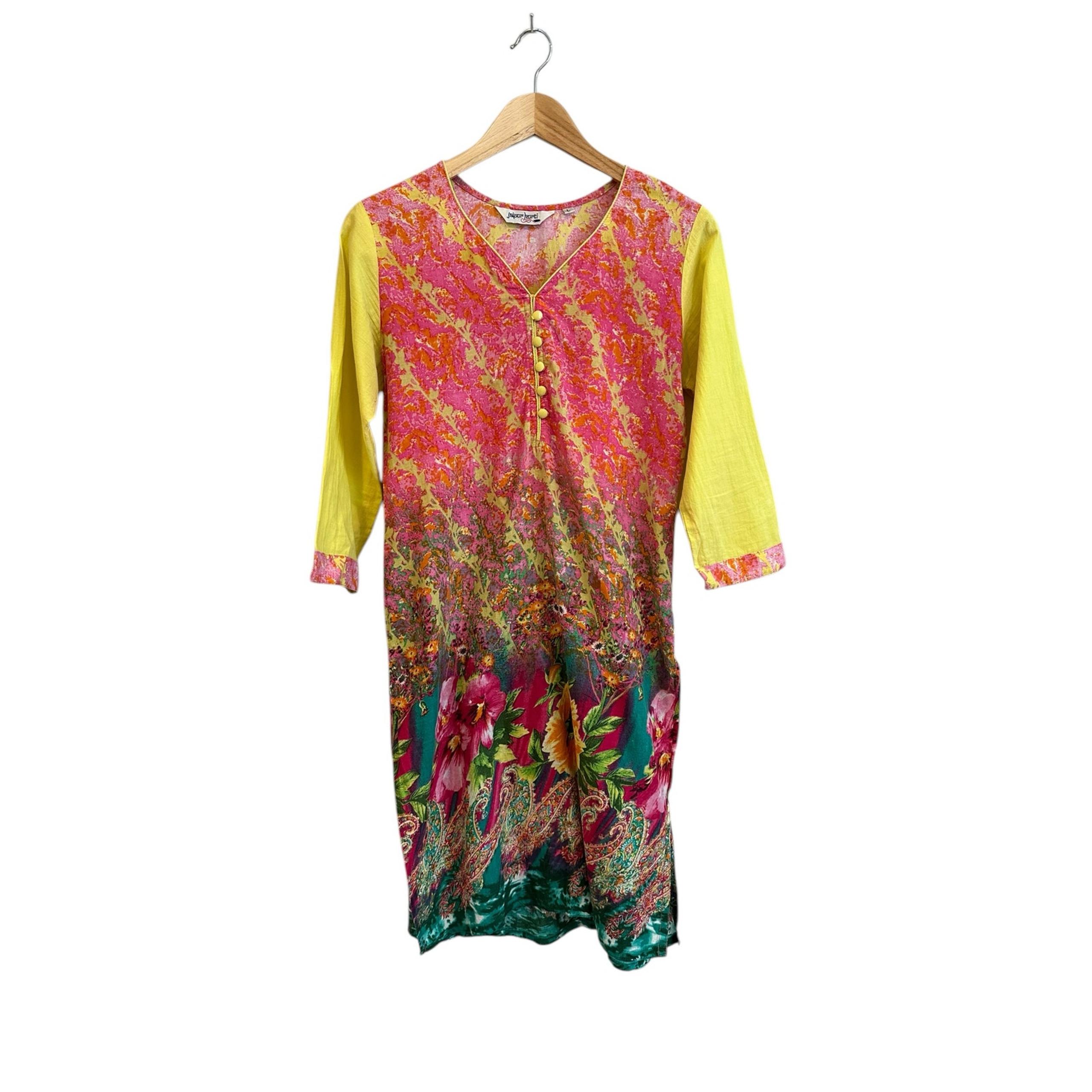 Jaipur Kurti Indian Lightweight Vibrant Floral Quarter Sleeve Slits Dress Large