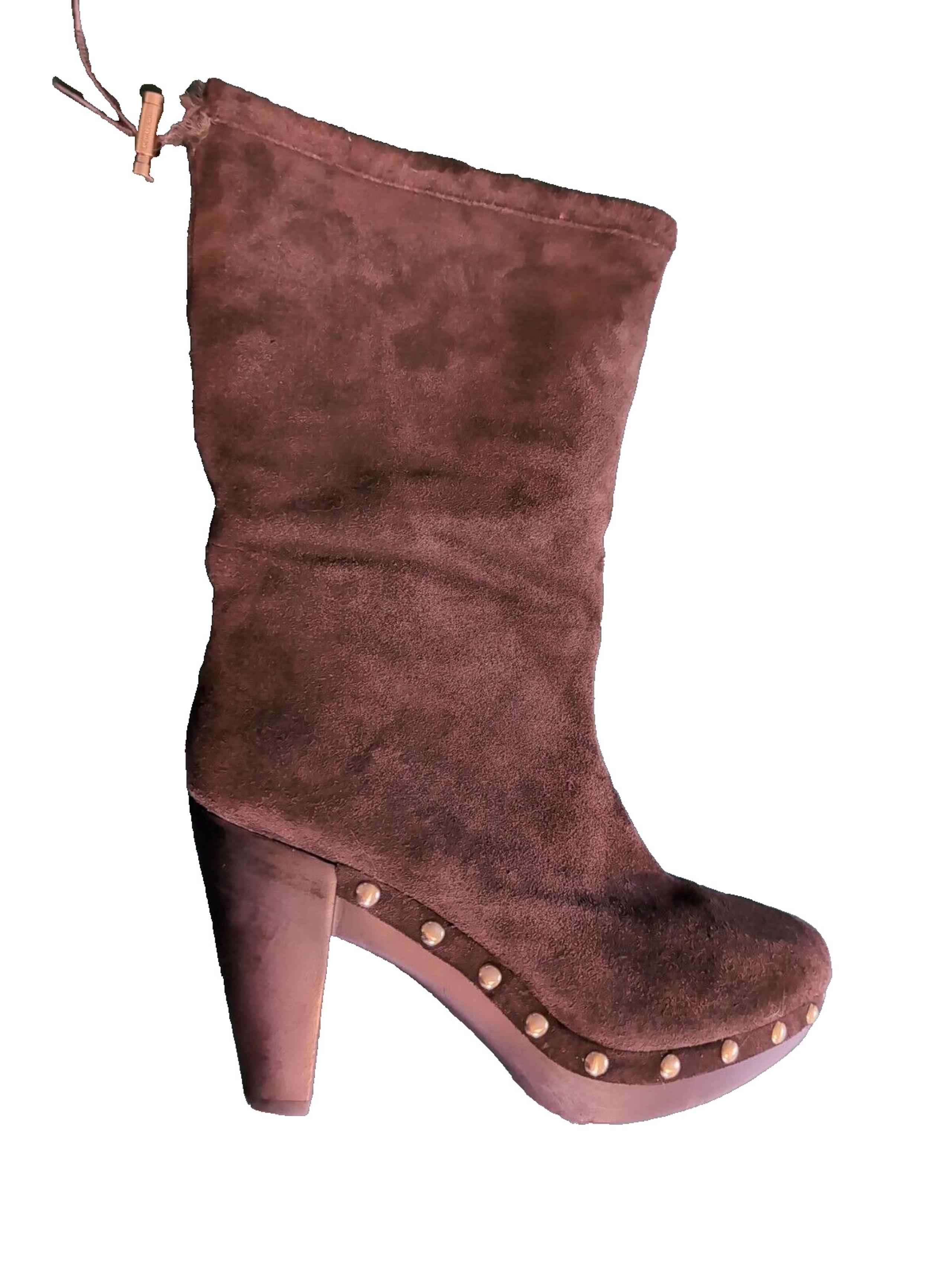 Michael Kors Studded Suede Brown Heel Pull On Boots Faux Fur Lined Sz 7M