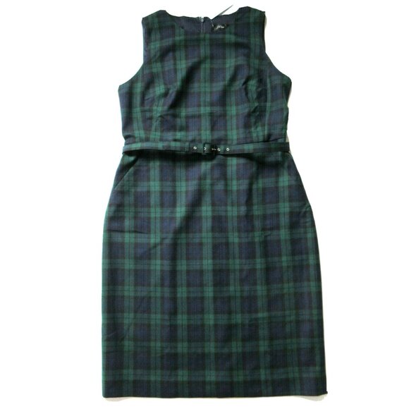 NWT J.Crew Belted Sheath Dress in Navy Multi Black Watch Tartan Dress 6