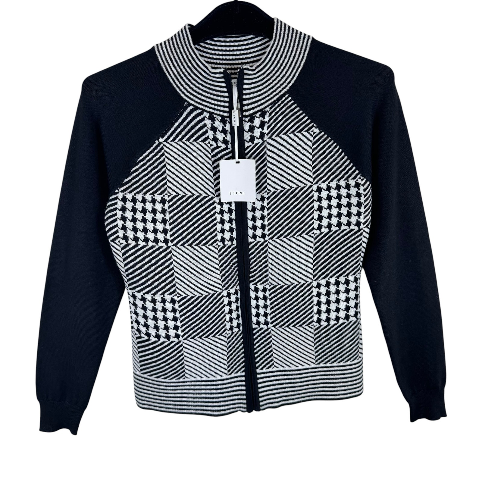 Sioni NWT Black White Houndstooth Striped Checkered Full Zip Sweater Size S