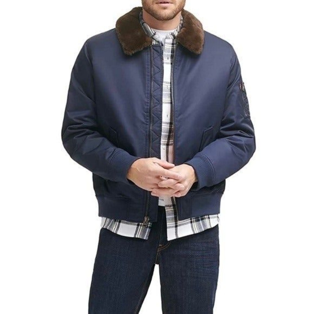 New LEVI'S Men's Large Flight Bomber Jacket Faux Fur Removable Collar Navy S