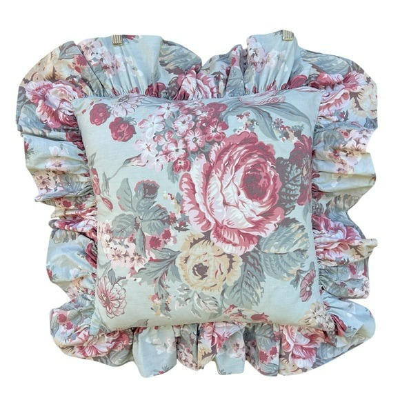 Vintage Ralph Lauren Ruffled Floral Accent Pillow Sage Green Gray 16x17 USA GUC