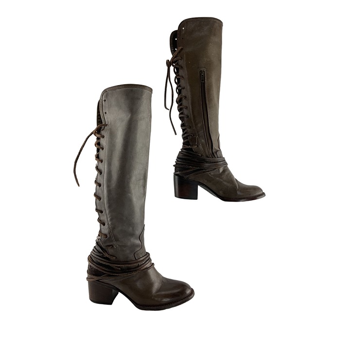 Ladies Freebird Coal Brown Leather Lace Up Knee High Western Boots Size 6