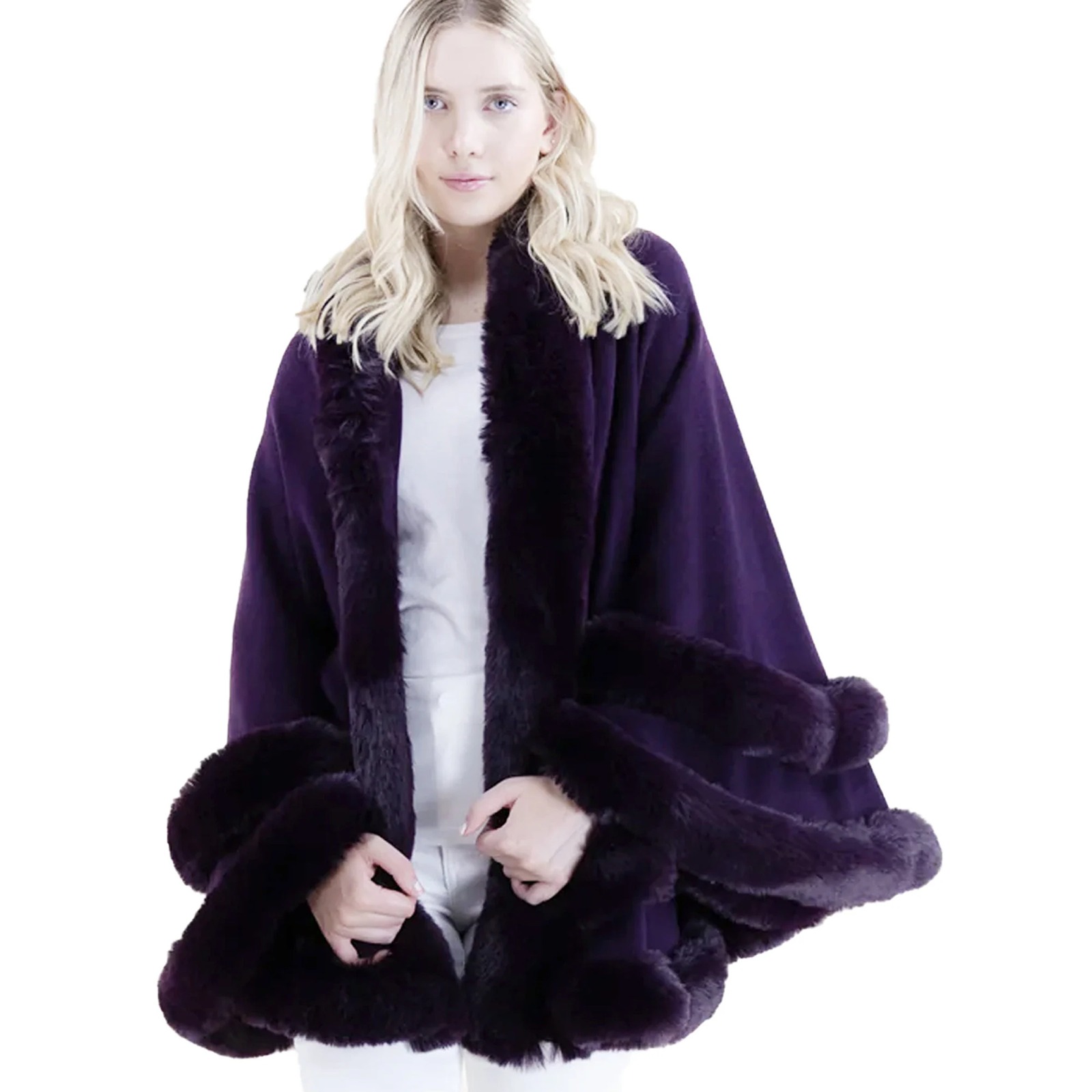 Eggplants Purple Plum Faux Fur Cape Hoodie Black Faux Fur Cape Kozy Chic Purple