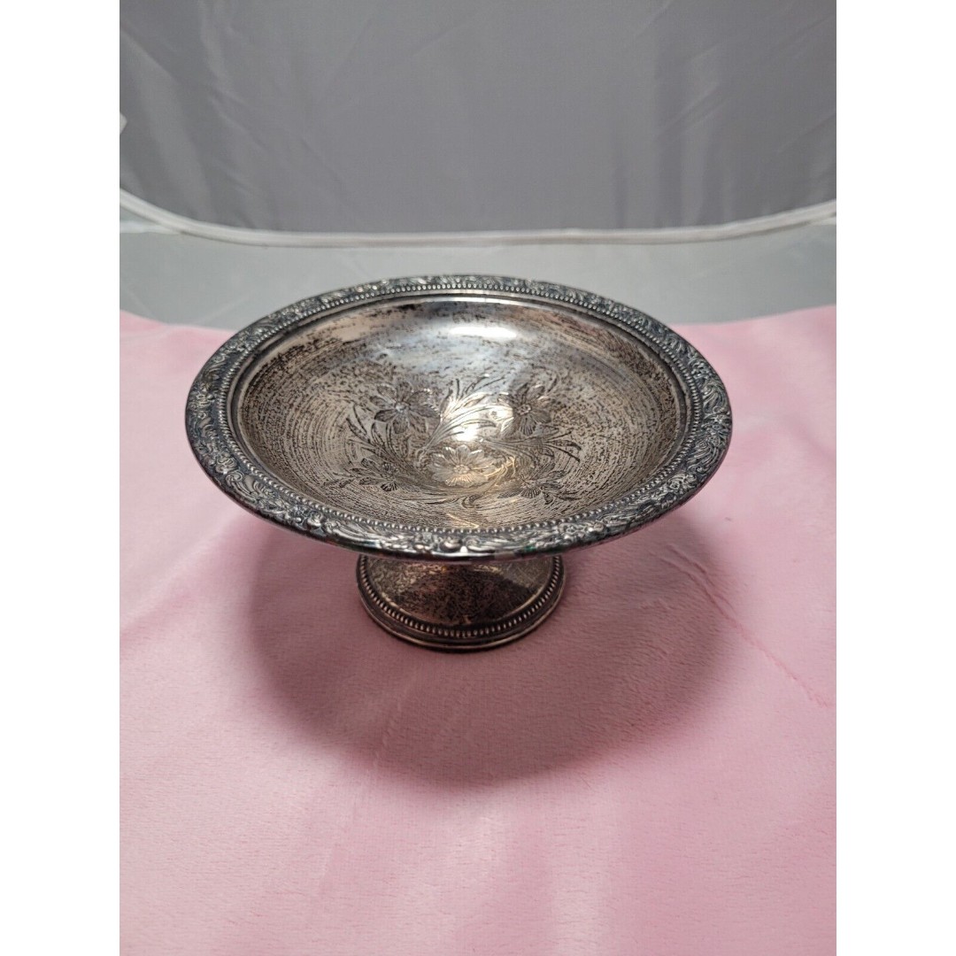 Vintage Sterling  Pedestal Candy Dish Repousse Rim Etched Engraved Design