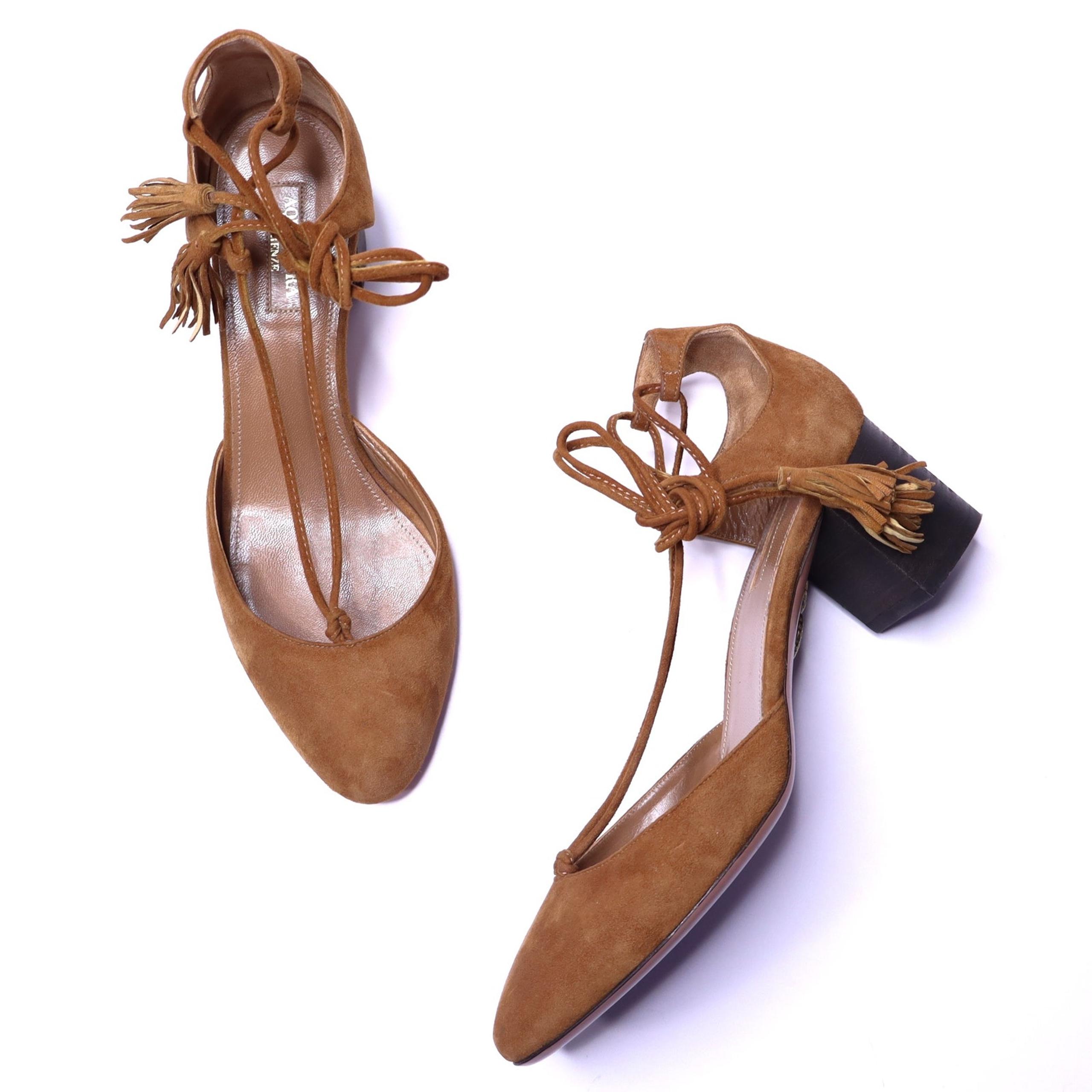 AQUAZZURA Boheme Tassel Suede Pumps Cognac Ankle Lace Up Women's 38.5 / US 8.5