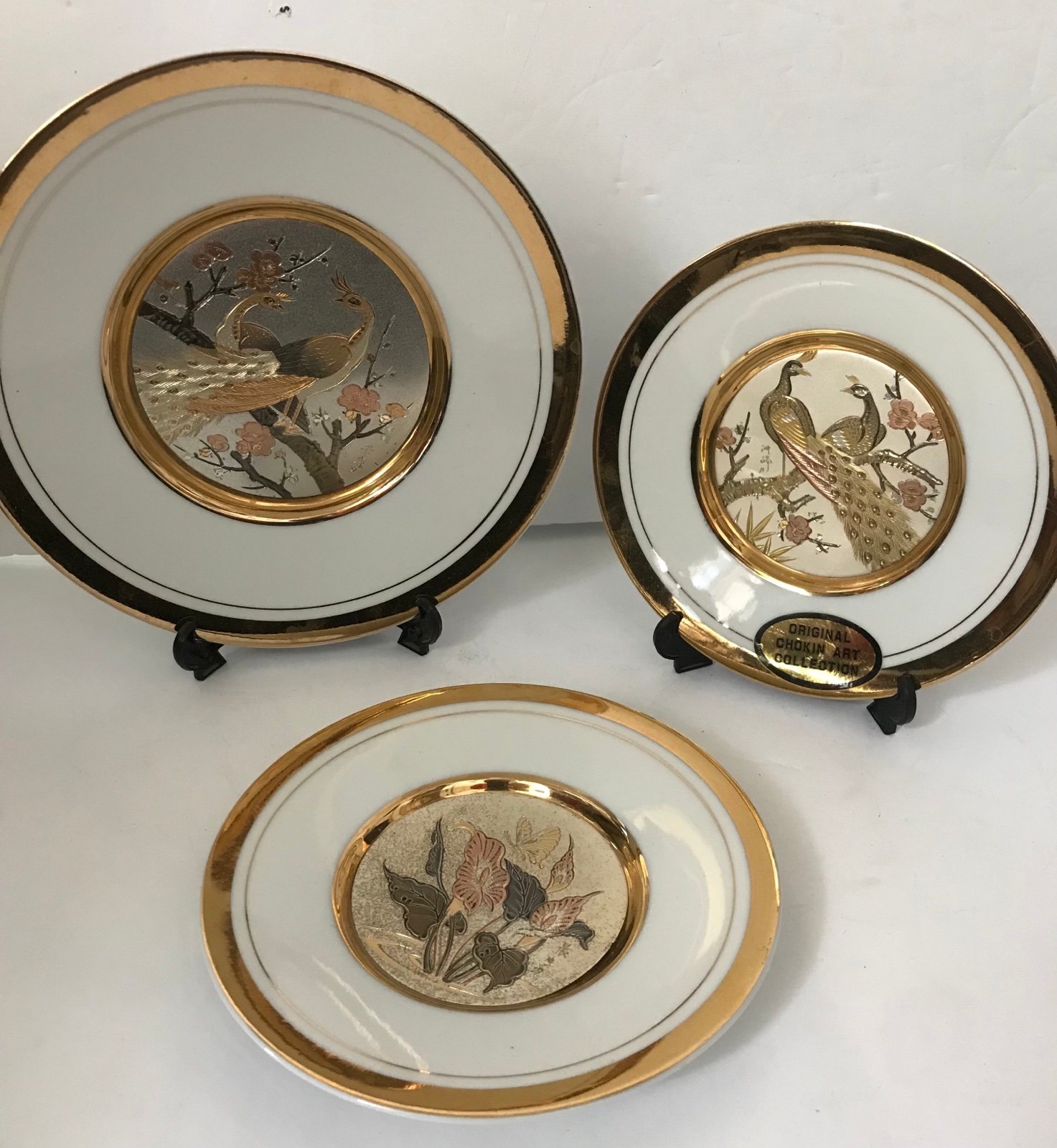 Vintage The Art of Chokin 24k Gold Edge Trim Plates Collectible Peacock Ceramic