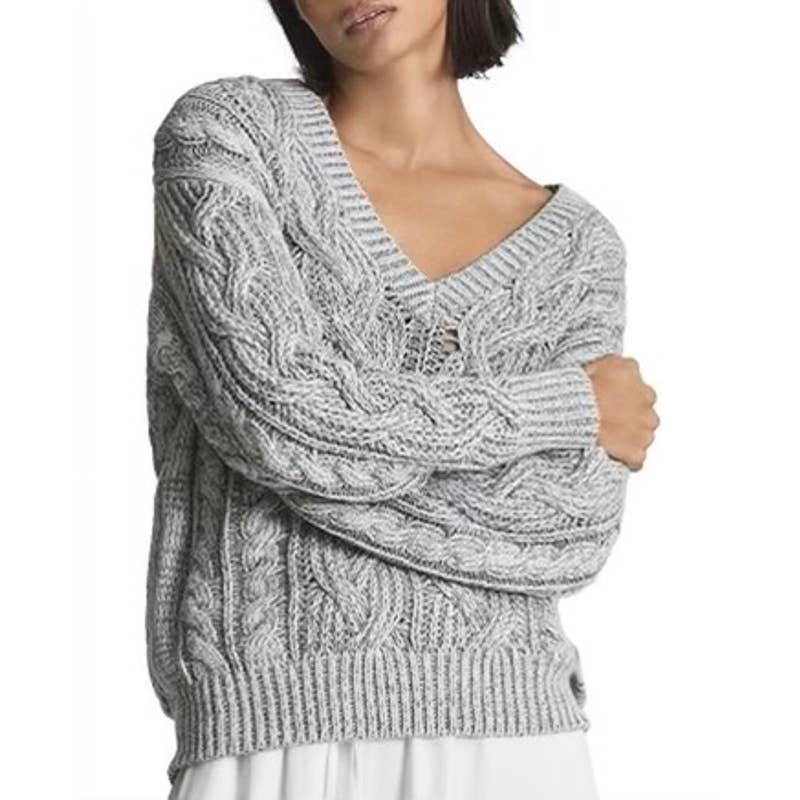 REISS Esme Cable Knit V-neck Sweater in Heather Gray Size Medium