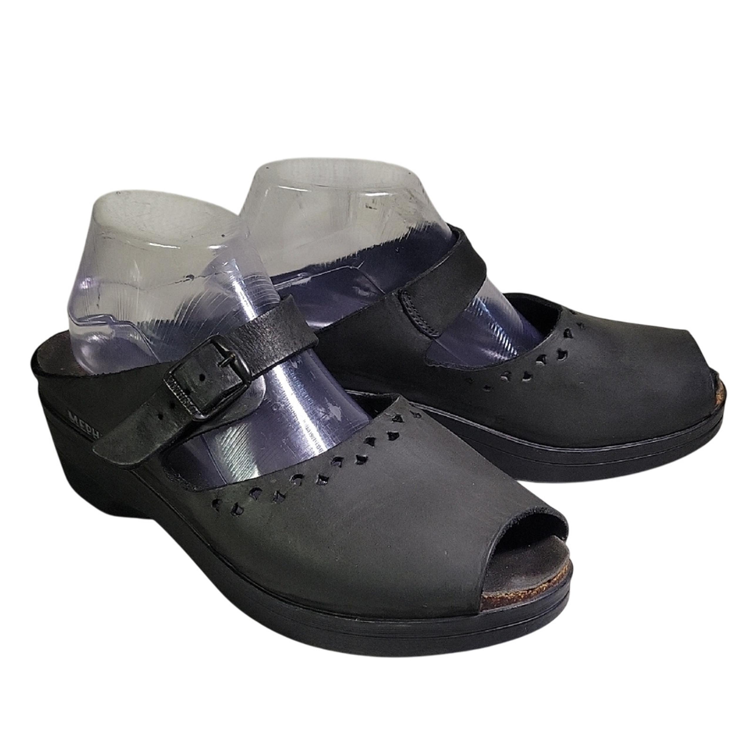 Mephisto Black Leather Slip On Mary Jane Clogs Peep Toe Womens 10