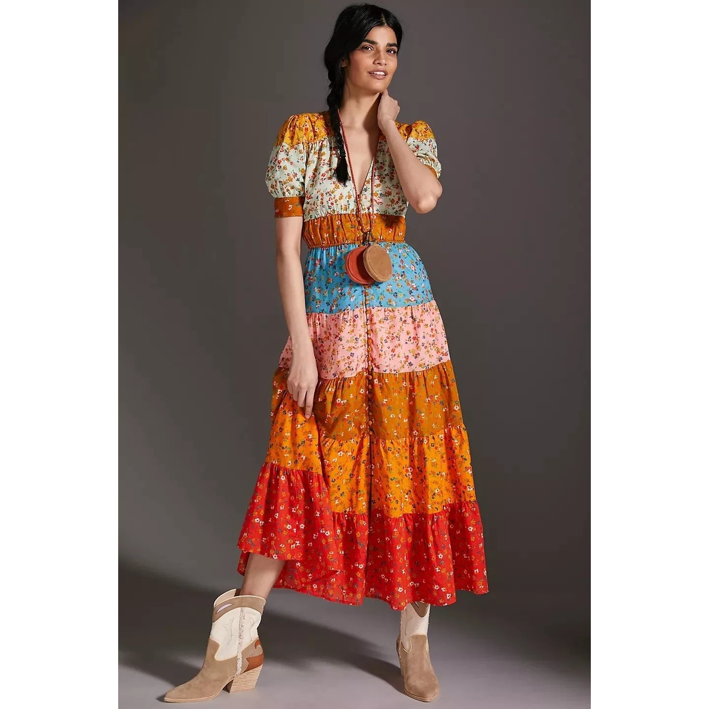 ANTHROPOLOGIE Tiered & True Maxi Dress Floral Multicolor Casual Women's M