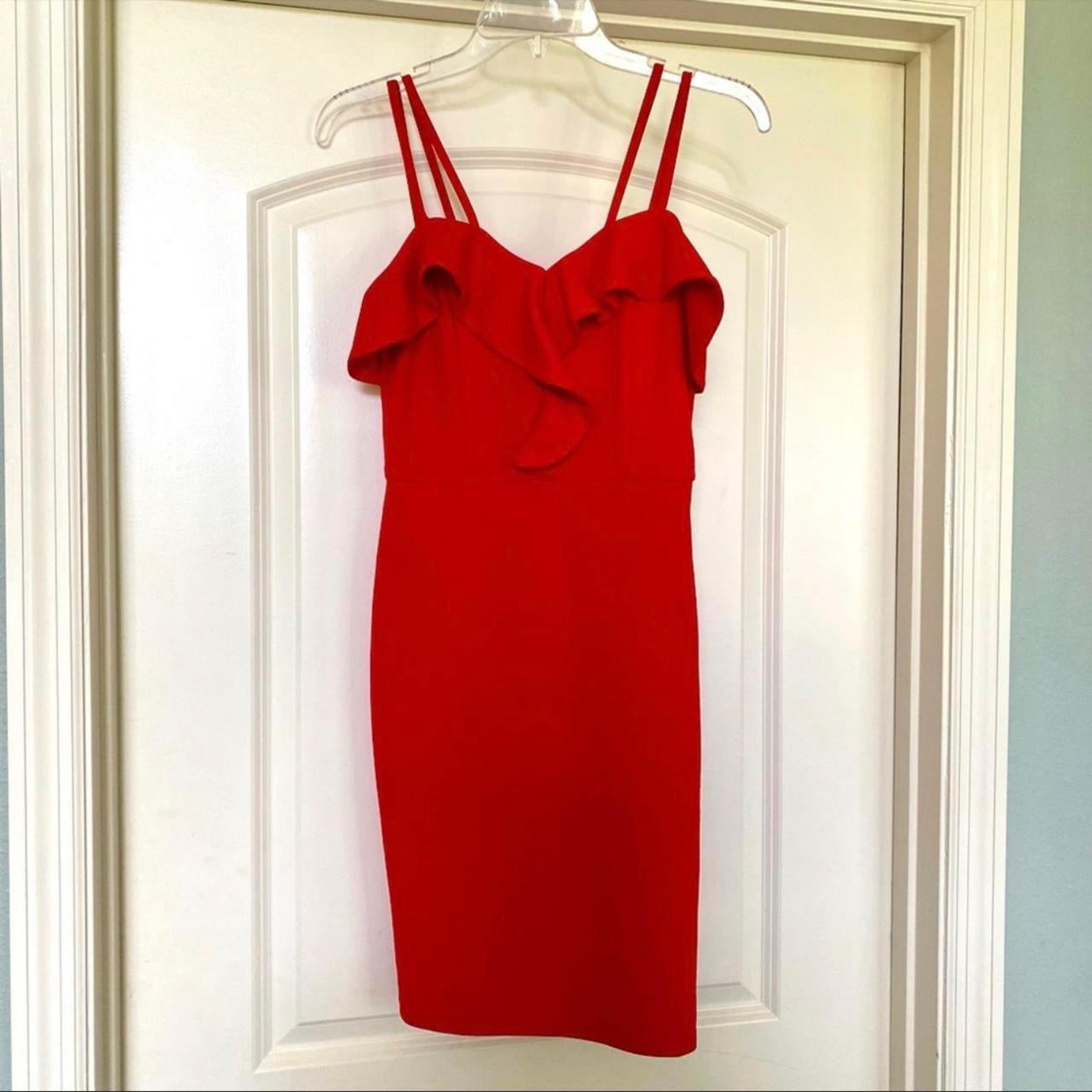 Dress- IRIS - Beautiful Red Double Strap Cocktail Dress with Ruffled Neckline!