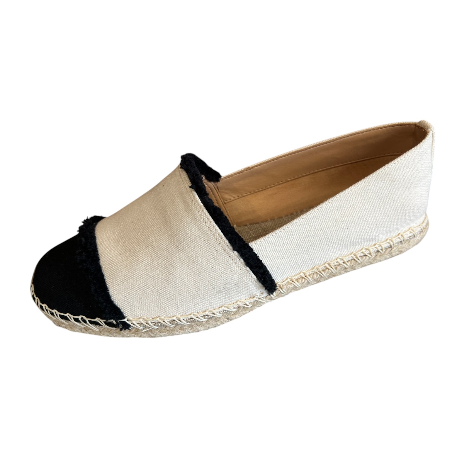 Schutz Ohanna Flat Slip on Espadrille Shoes Cream Black Colorblock 7.5