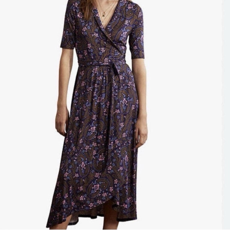 Boden Lavinia Jersey Wrap Maxi Dress V Neck Navy Floral Tie Waist 10L Viscose