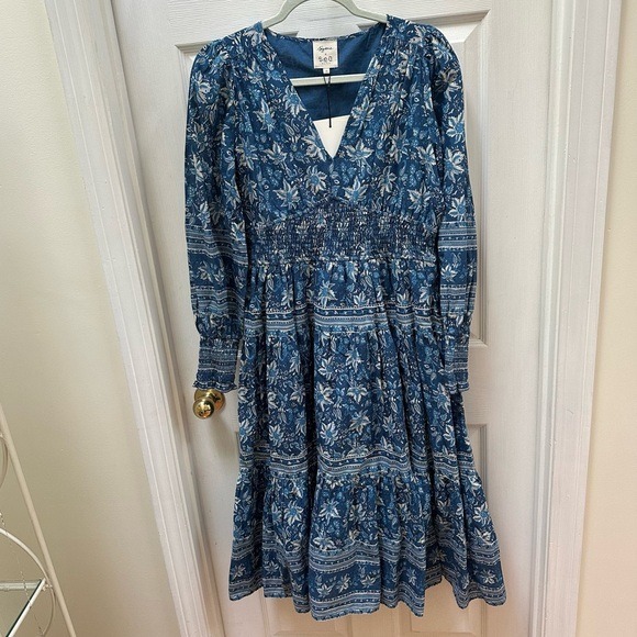 NWT Sézane x Sea NY Blandine Dress Floral Blue Dress 38 8 white long sleeve