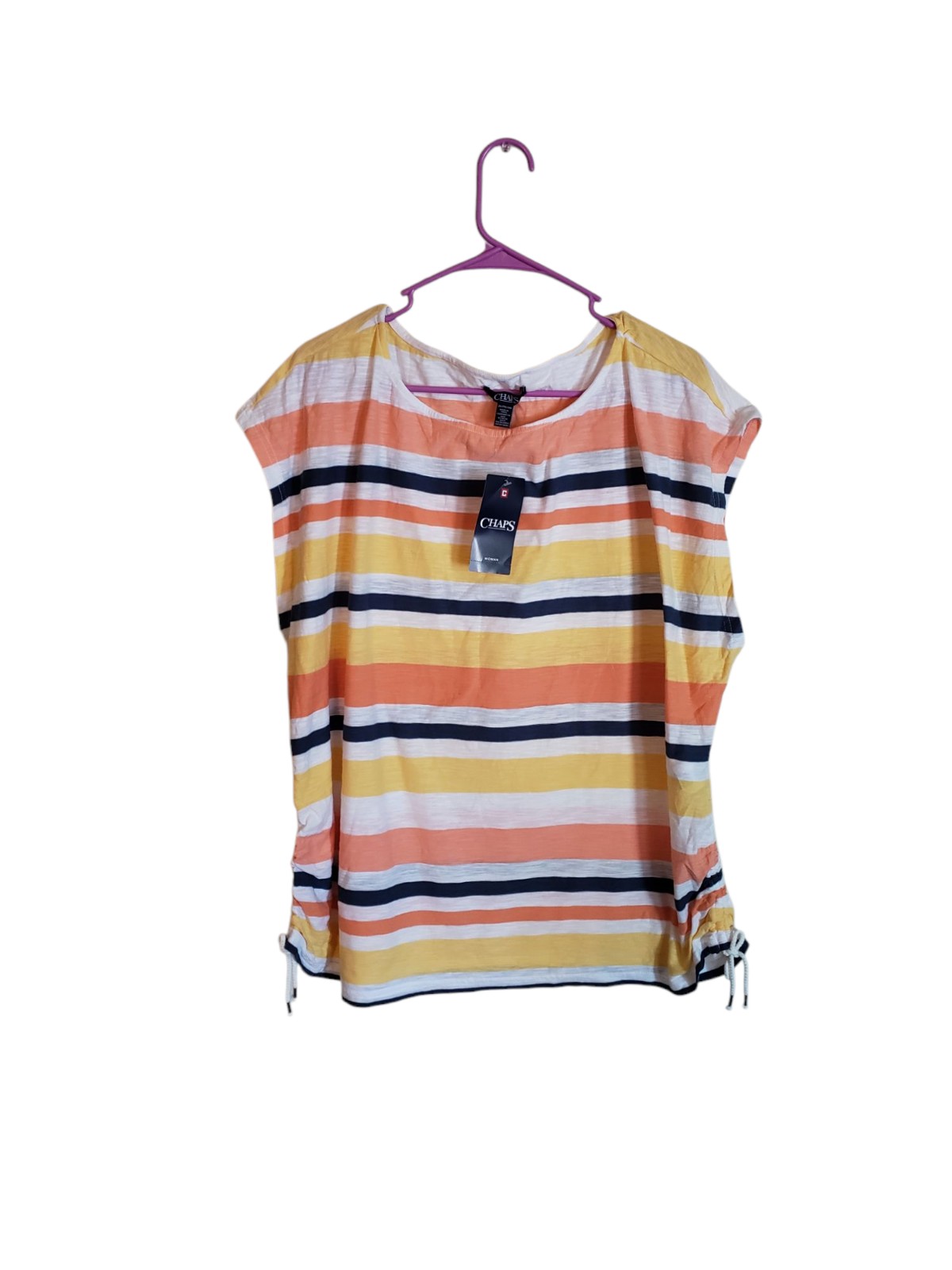 Chaps by ralph lauren Tee Shirt Womens size 2X Yellow Orange Striped Cinch Sides
