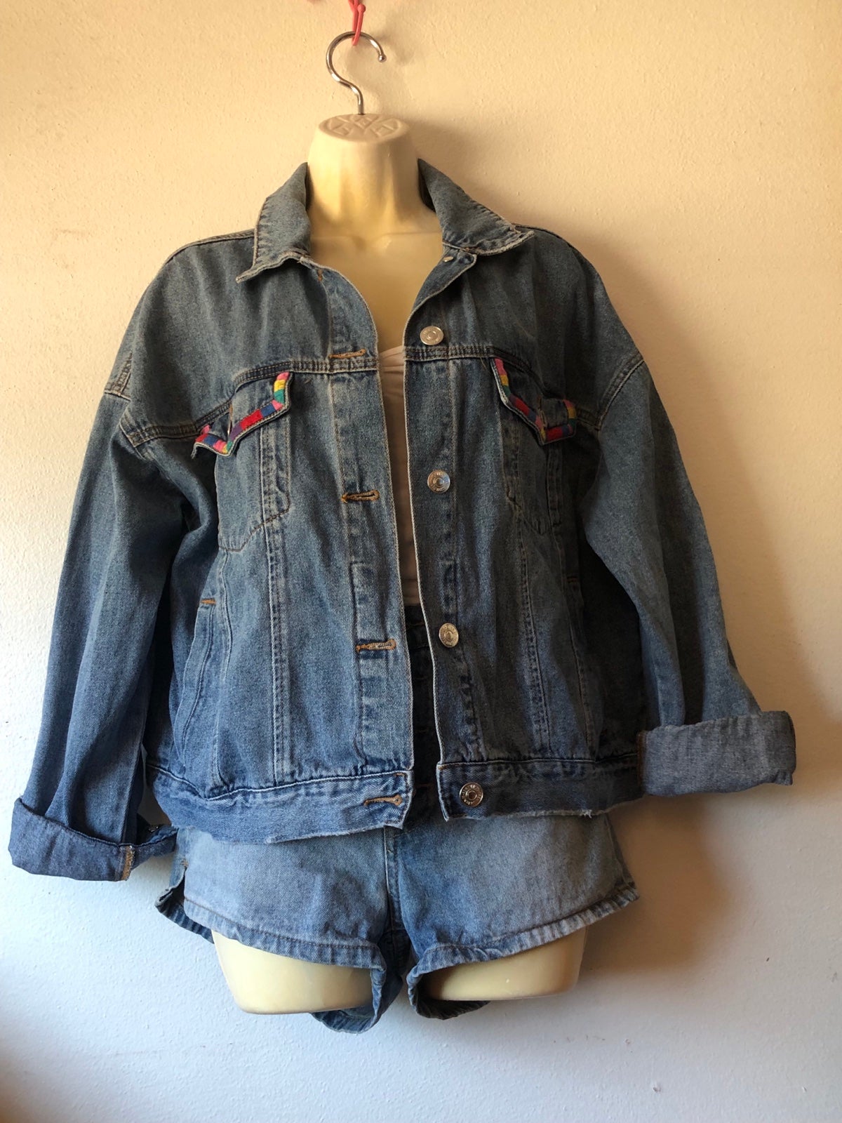 Forever 21 Denim Jean Trucker Jacket Rainbow Stitch Pockets OX Plus Size PRIDE