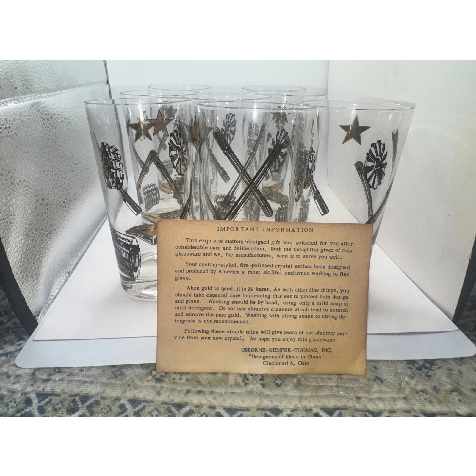 Osborne Kemper Thomas Vintage Gold Star Glasses Set of 8 Barware With Box