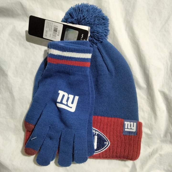 NFL New York Giants Winter Pom Beanie Knit Hat Cap + Gloves Adult OSFM NWT